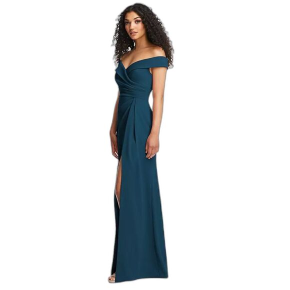 After Six SZ 4 Off-the-Shoulder Pleated Faux Wrap Maxi Dress Atlantic Blue - Picture 3 of 9